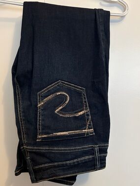 Silver Jeans Women's Slim Straight Dark Blue Denim with Contrast Stitch 33x30